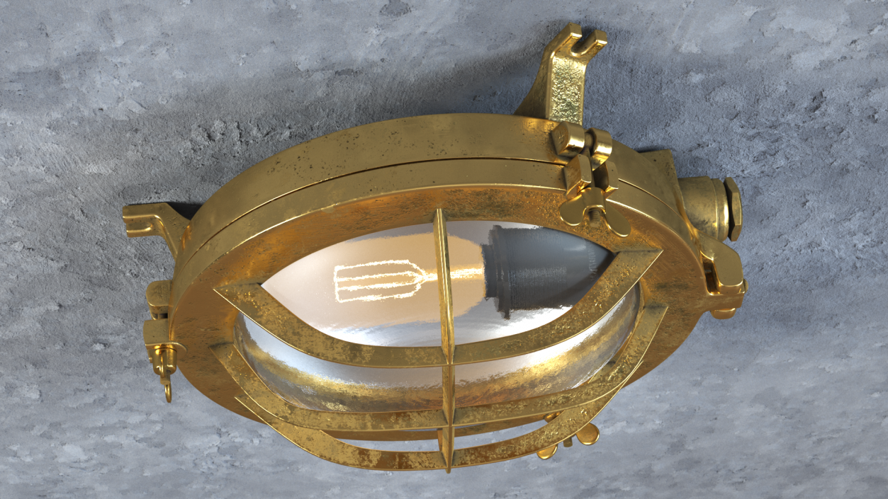 3D Bulkhead Brass Light with Clear Glass On State