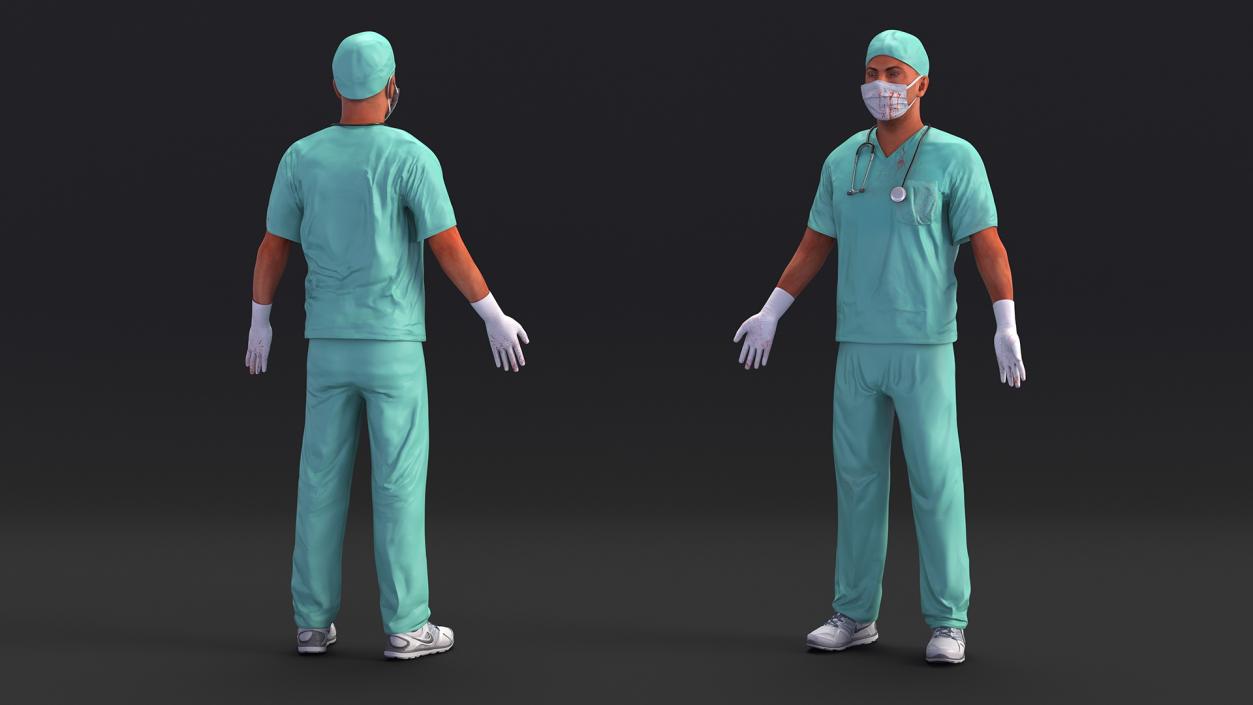 3D Male Surgeon Doctor wearing Mask Stained Blood