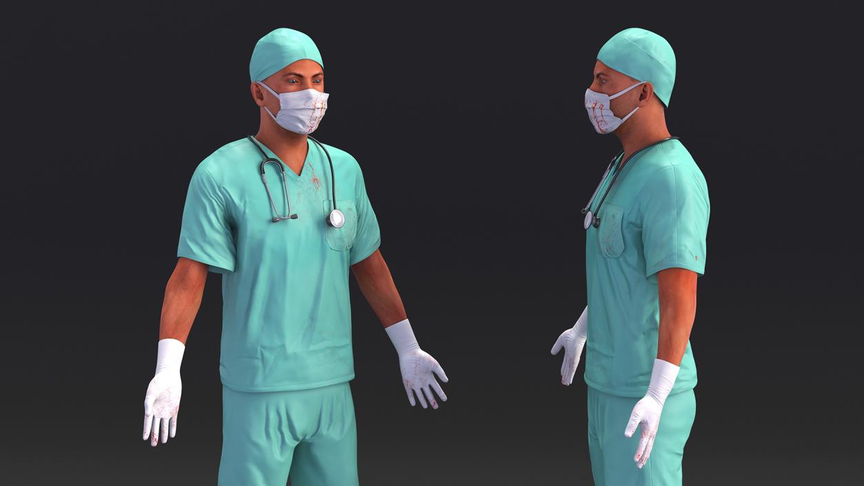 3D Male Surgeon Doctor wearing Mask Stained Blood