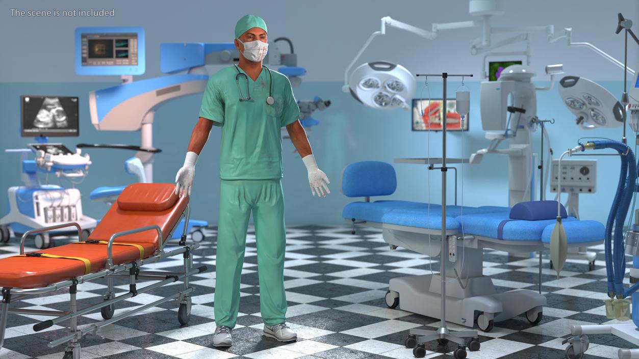 3D Male Surgeon Doctor wearing Mask Stained Blood