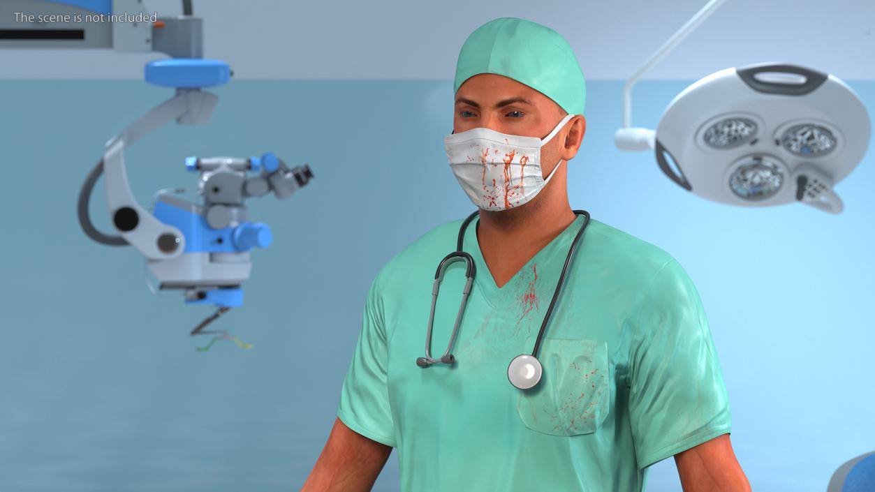 3D Male Surgeon Doctor wearing Mask Stained Blood