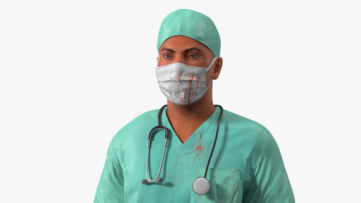 3D Male Surgeon Doctor wearing Mask Stained Blood