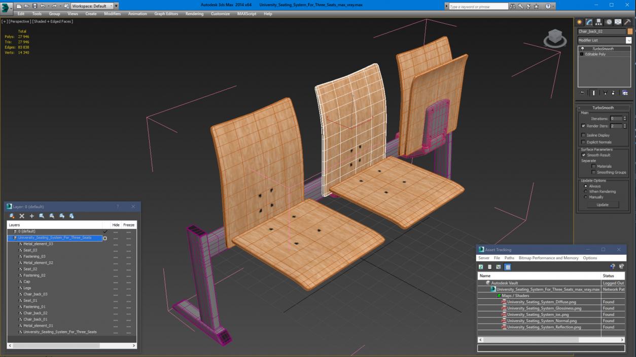 3D University Seating System For Three Seats