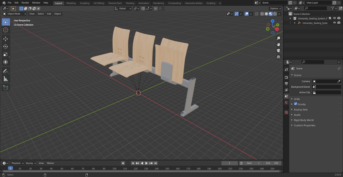 3D University Seating System For Three Seats