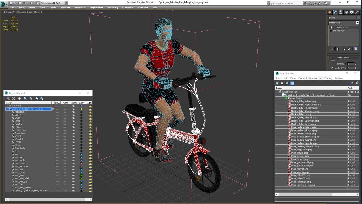 3D Cyclist on Foldable Red E-Bicycle model