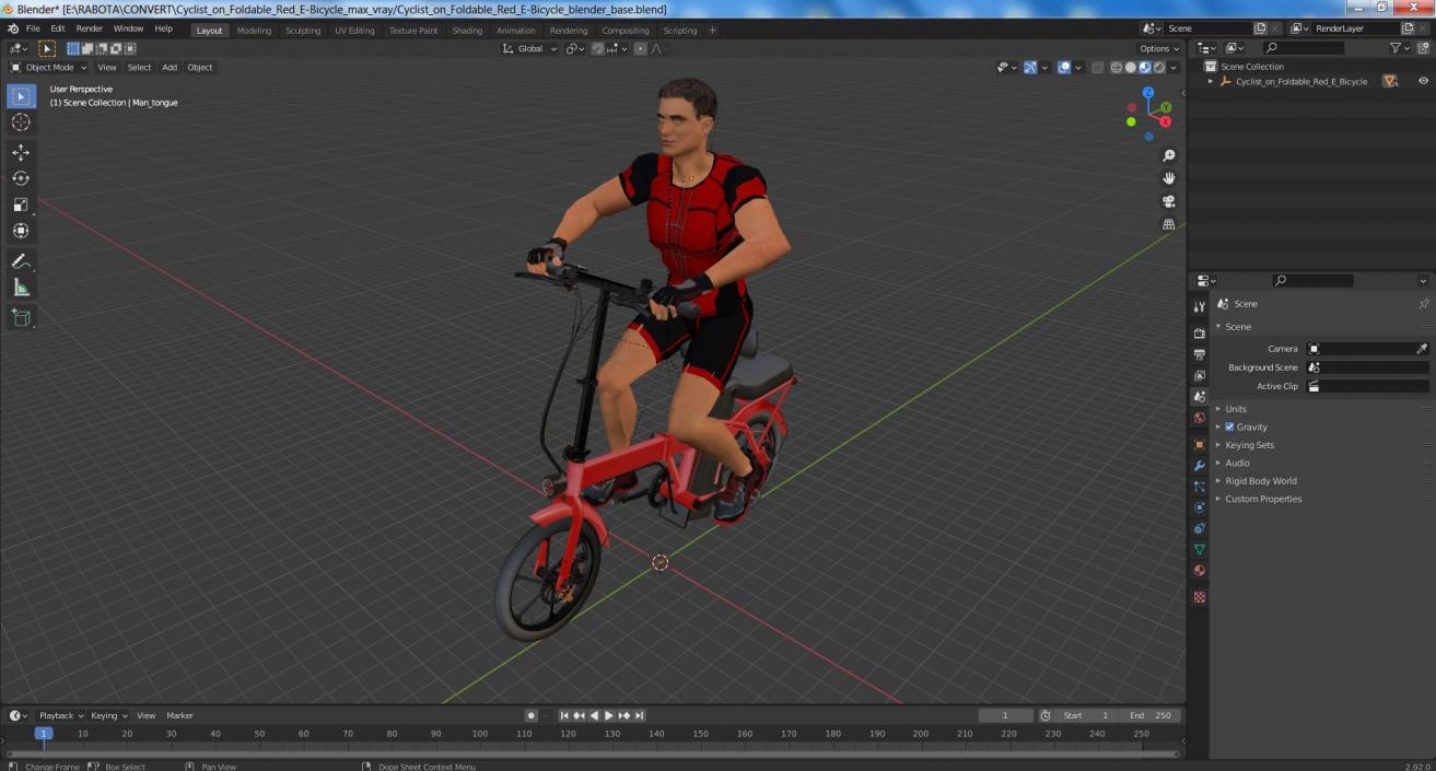 3D Cyclist on Foldable Red E-Bicycle model