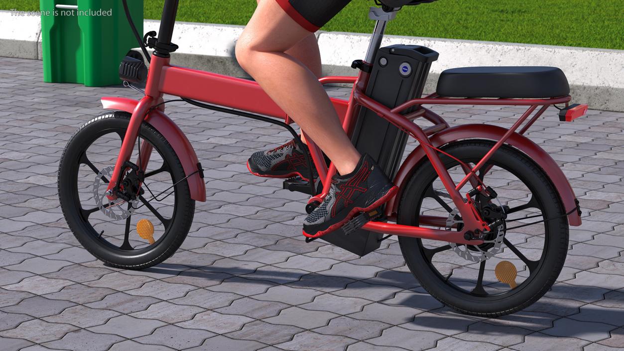 3D Cyclist on Foldable Red E-Bicycle model