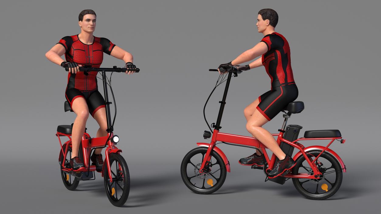 3D Cyclist on Foldable Red E-Bicycle model