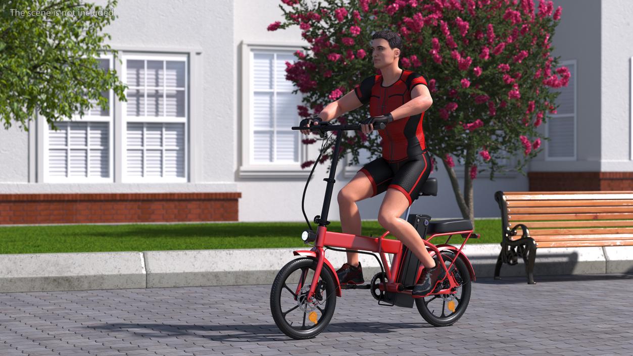 3D Cyclist on Foldable Red E-Bicycle model