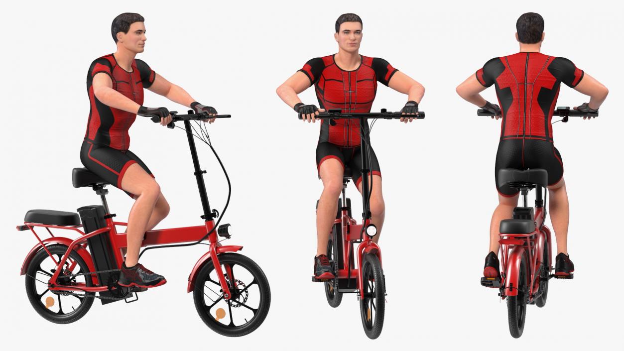 3D Cyclist on Foldable Red E-Bicycle model