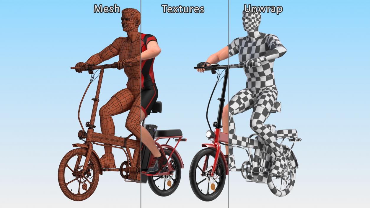 3D Cyclist on Foldable Red E-Bicycle model