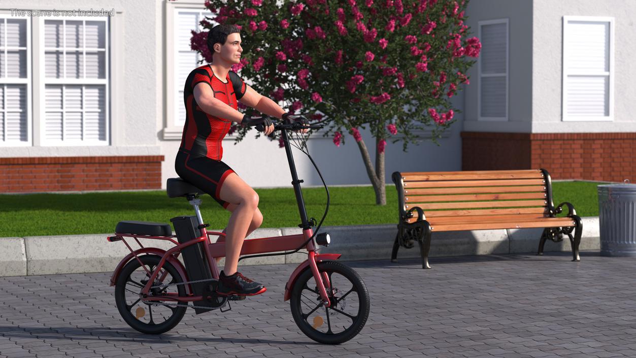 3D Cyclist on Foldable Red E-Bicycle model