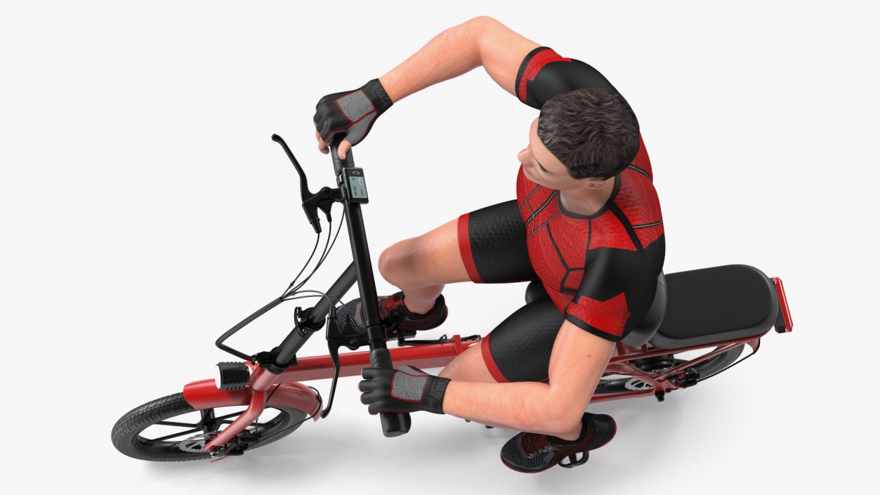 3D Cyclist on Foldable Red E-Bicycle model