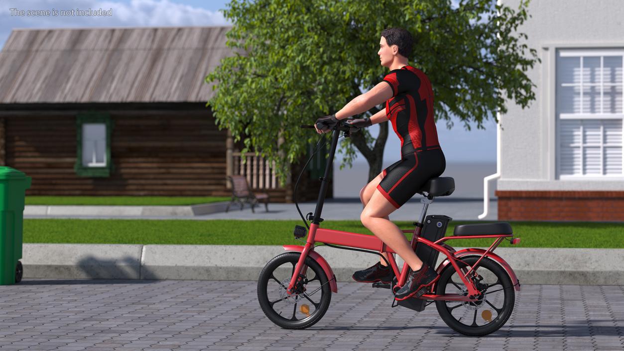 3D Cyclist on Foldable Red E-Bicycle model