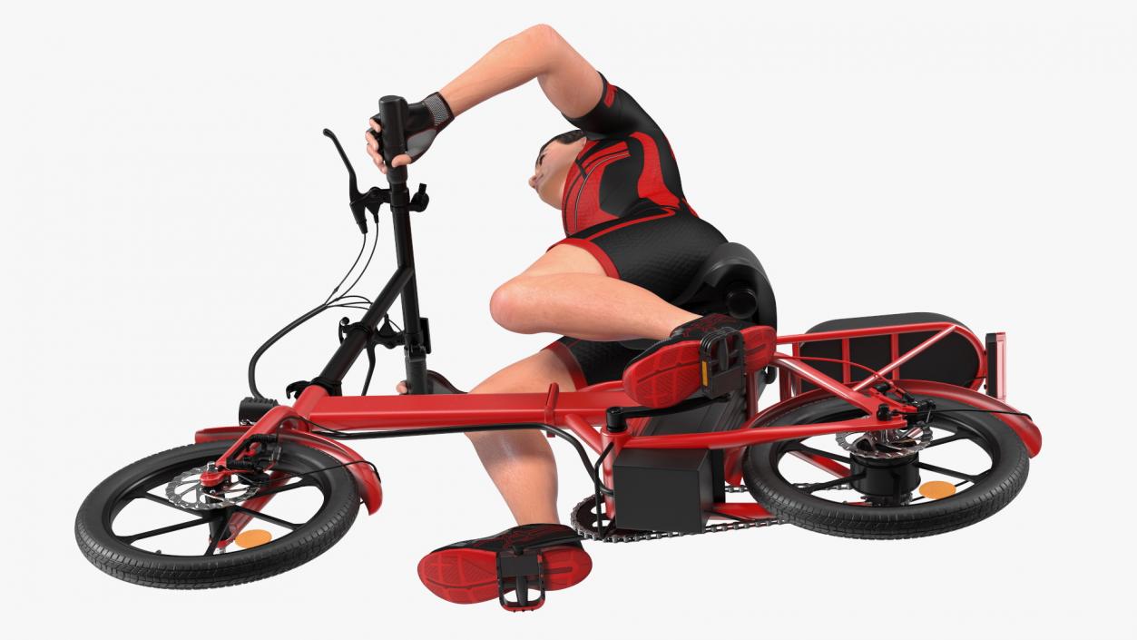 3D Cyclist on Foldable Red E-Bicycle model