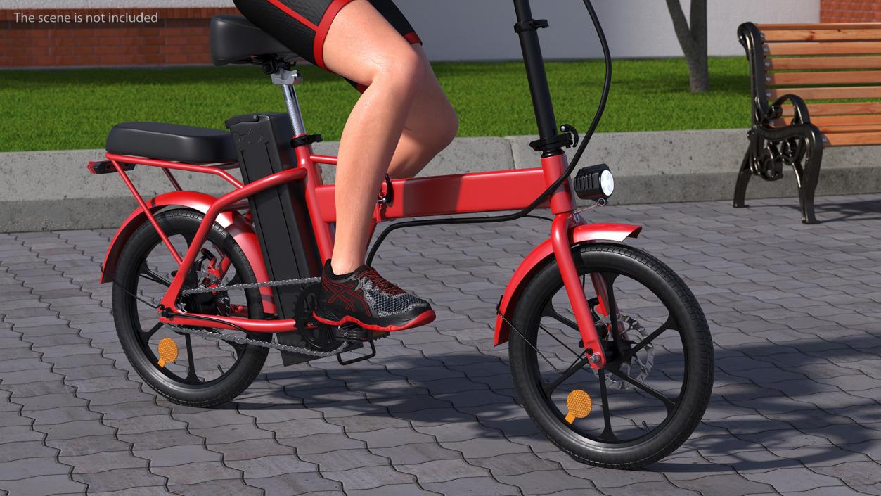 3D Cyclist on Foldable Red E-Bicycle model