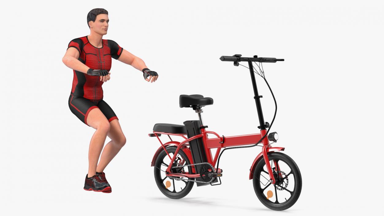 3D Cyclist on Foldable Red E-Bicycle model