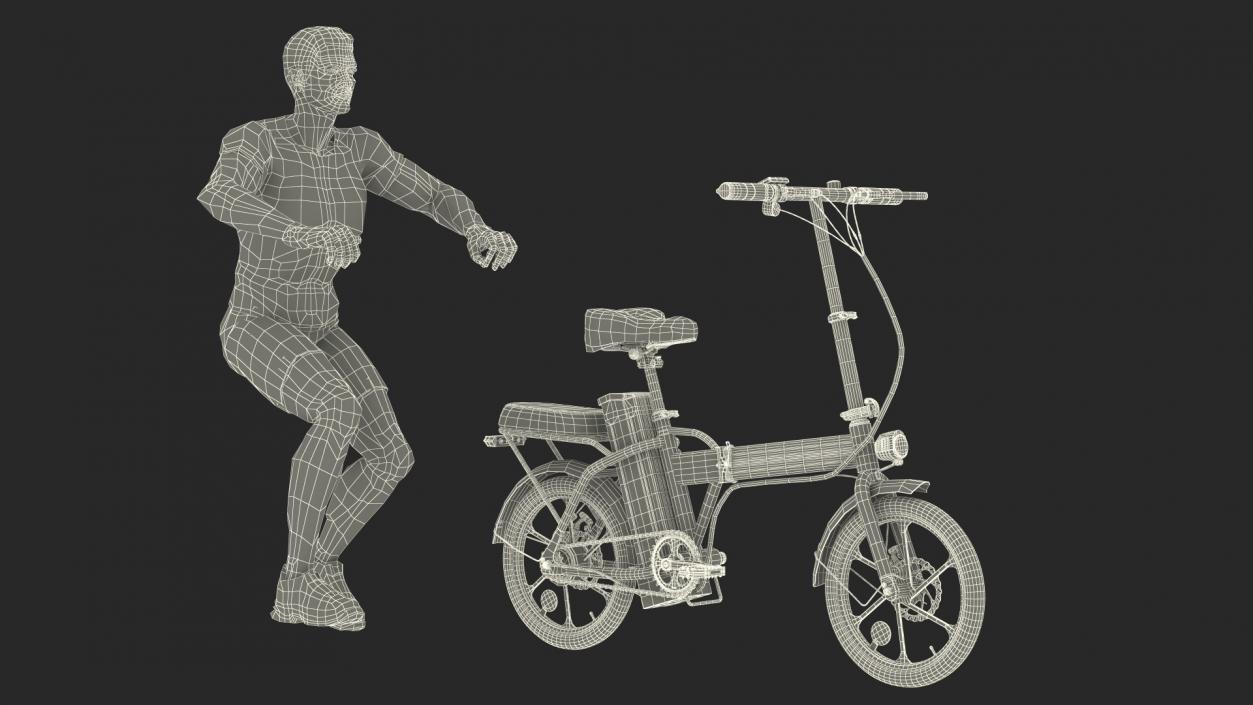 3D Cyclist on Foldable Red E-Bicycle model