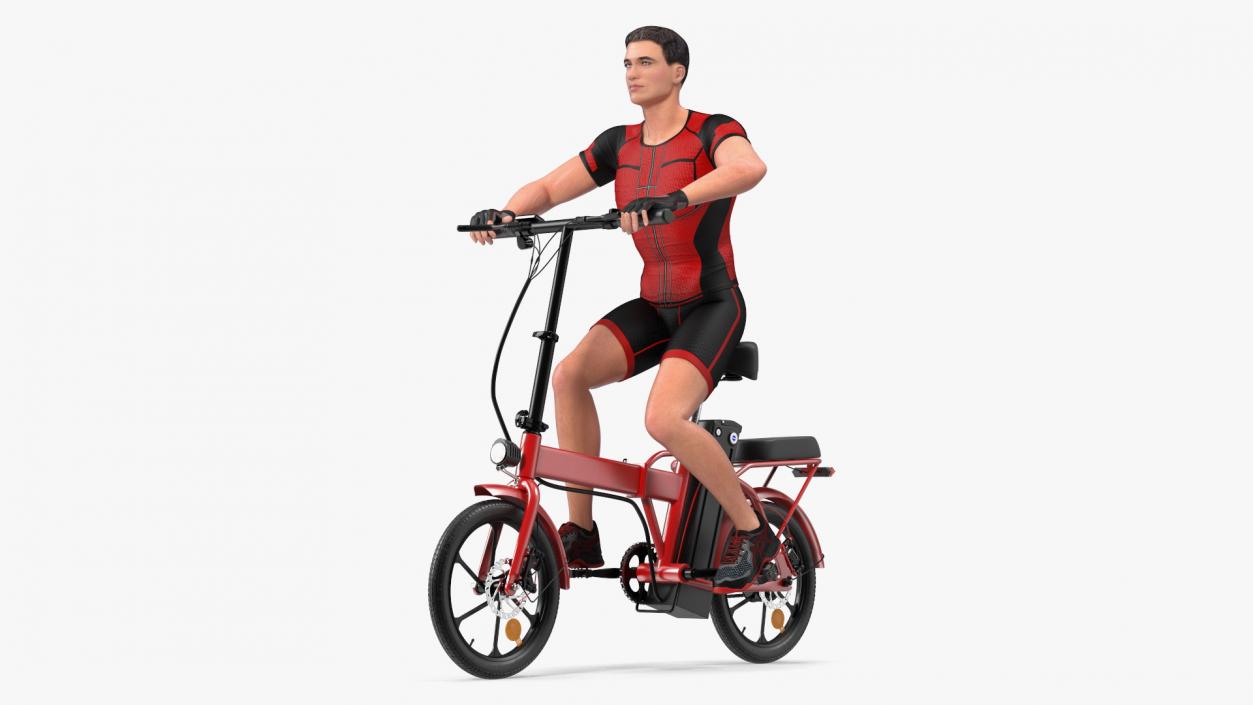 3D Cyclist on Foldable Red E-Bicycle model