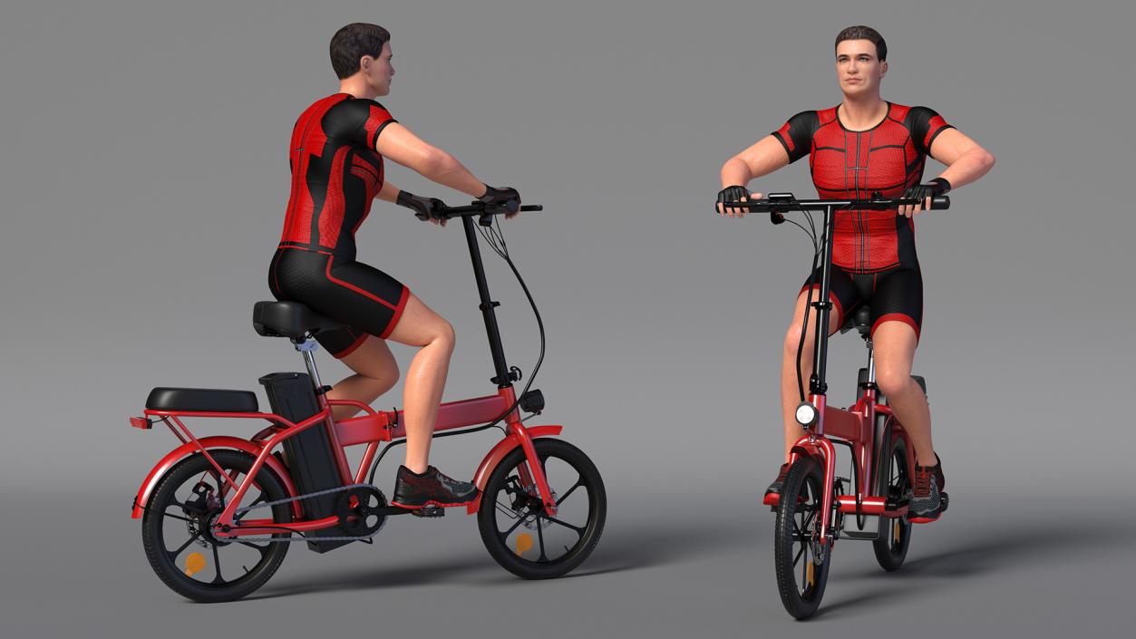 3D Cyclist on Foldable Red E-Bicycle model