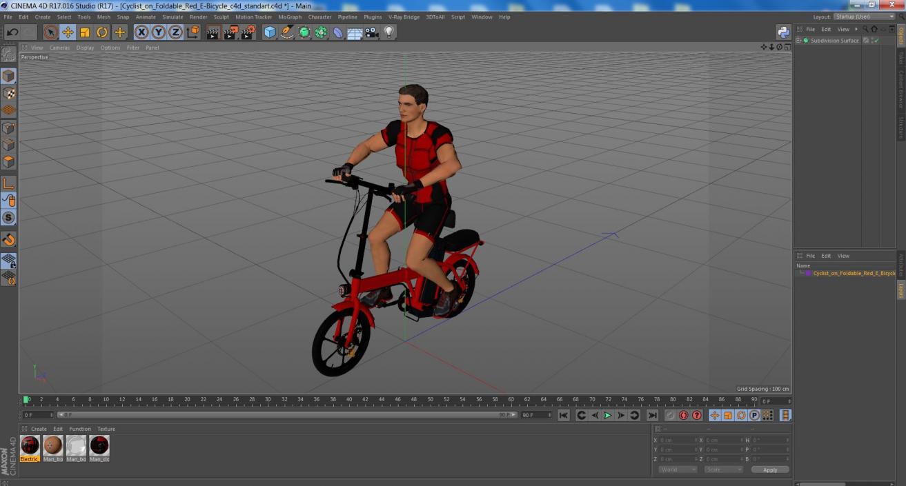 3D Cyclist on Foldable Red E-Bicycle model