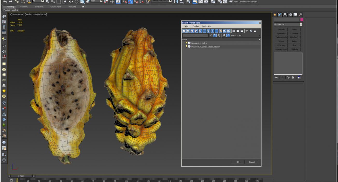 3D Yellow Dragonfruit Whole And Half model