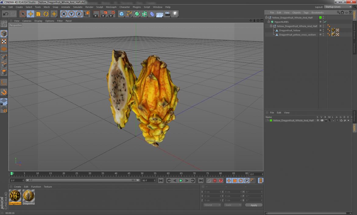 3D Yellow Dragonfruit Whole And Half model