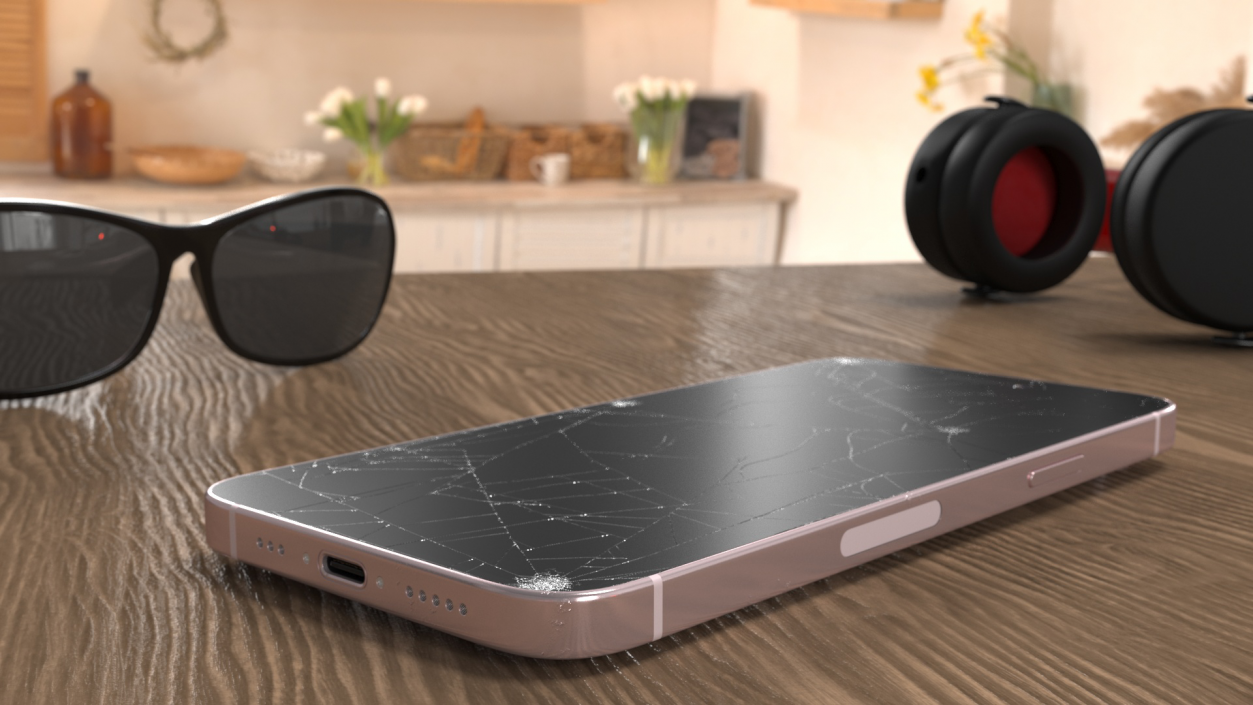 3D Pink IPhone 15 Plus with Cracked Glass model