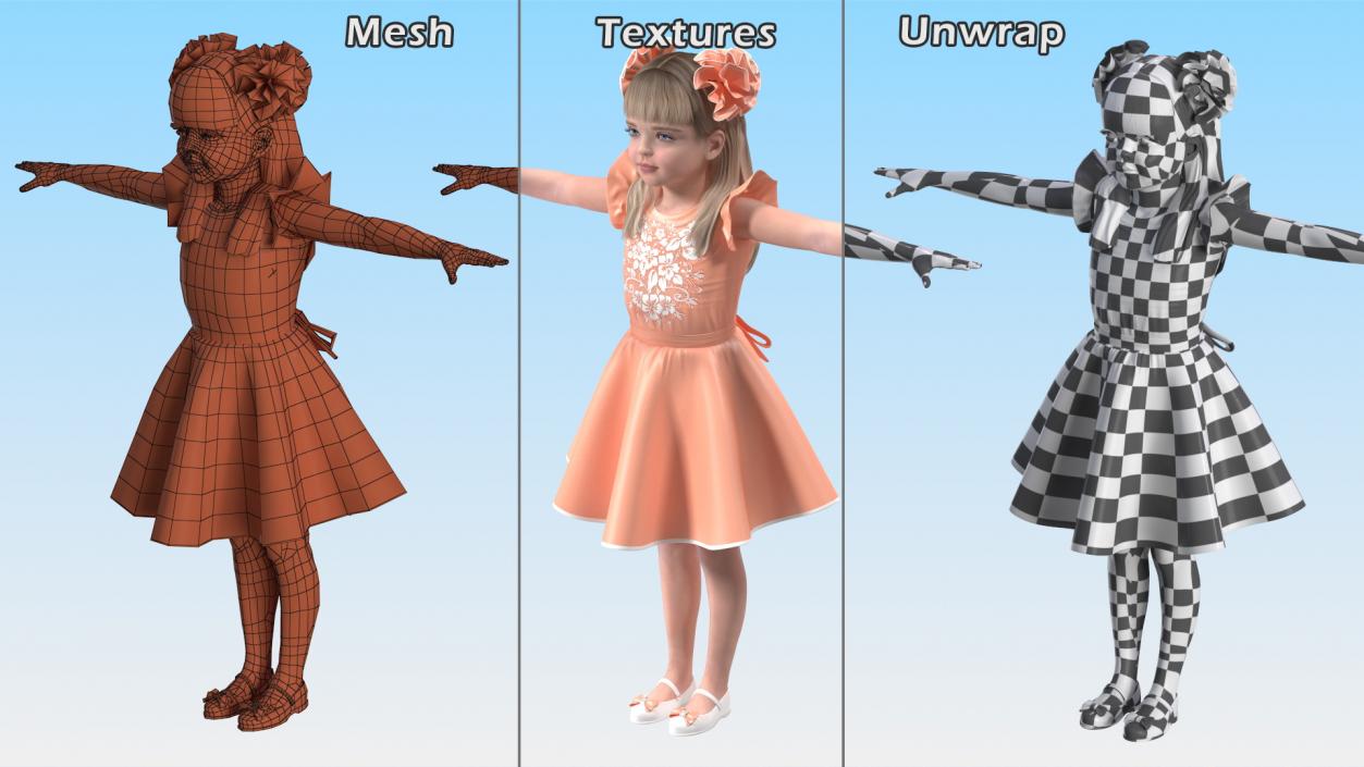 Child Girl Party Style T-pose 3D model