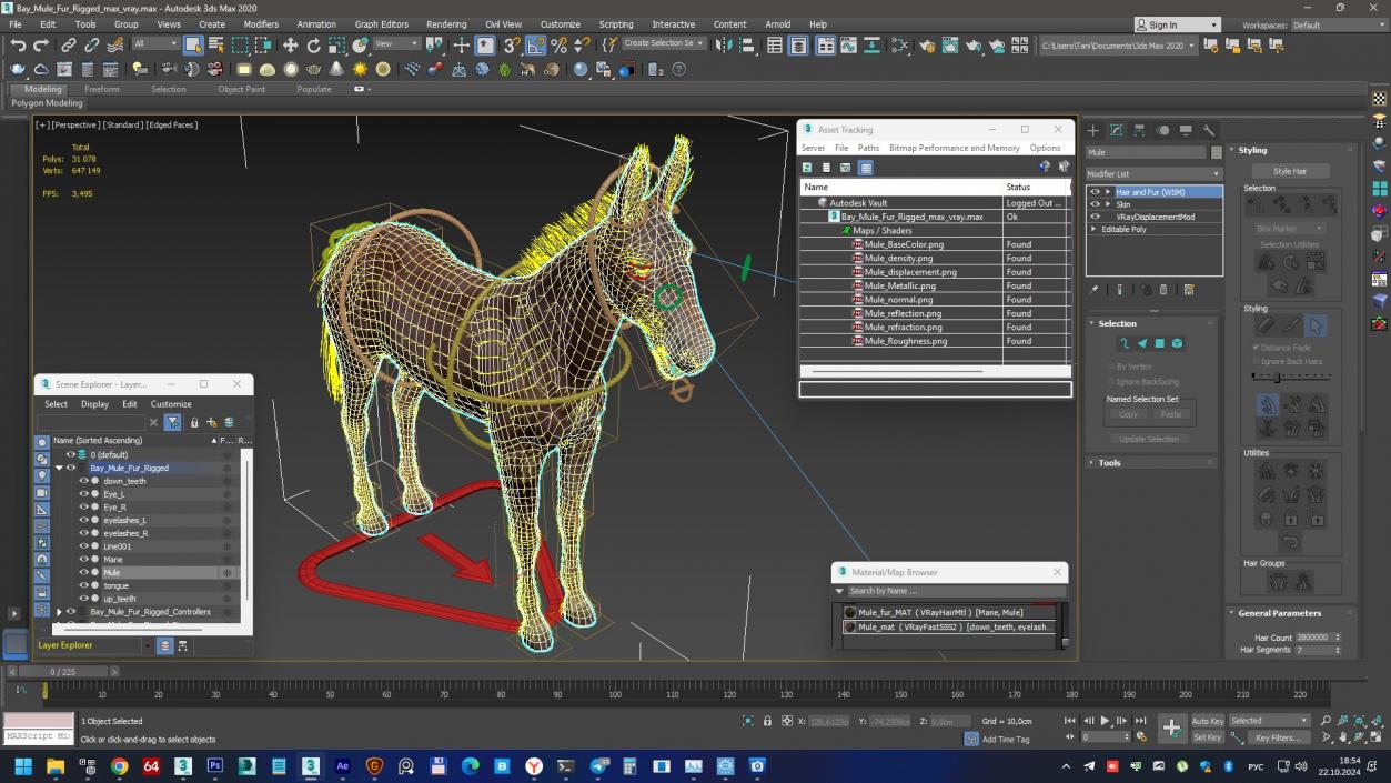 Bay Mule Fur Rigged 3D model
