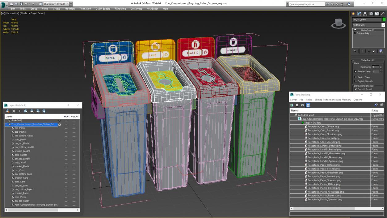 Four Compartments Recycling Station Set 3D model