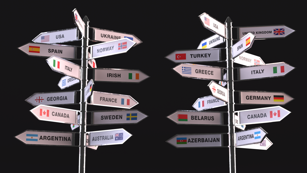 3D Travel Signpost with Various Countries model