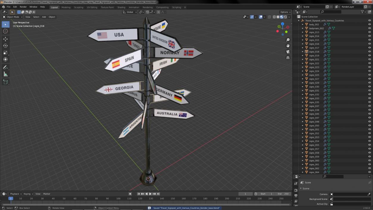 3D Travel Signpost with Various Countries model