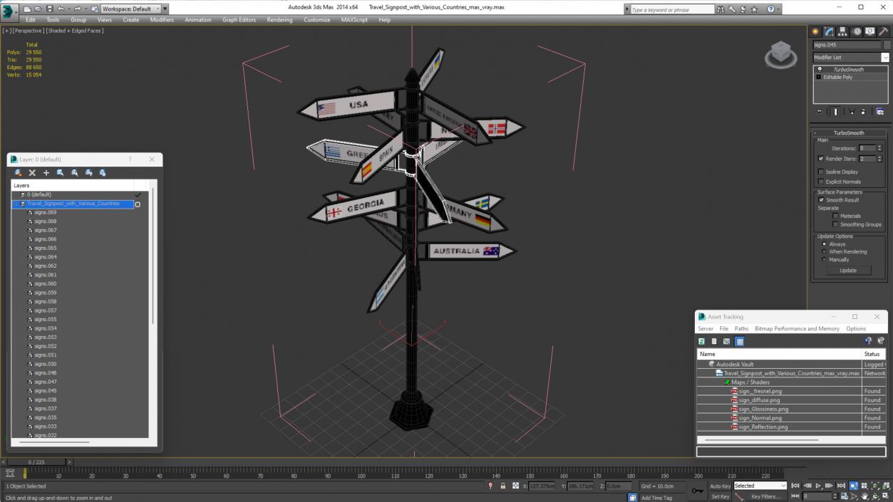 3D Travel Signpost with Various Countries model