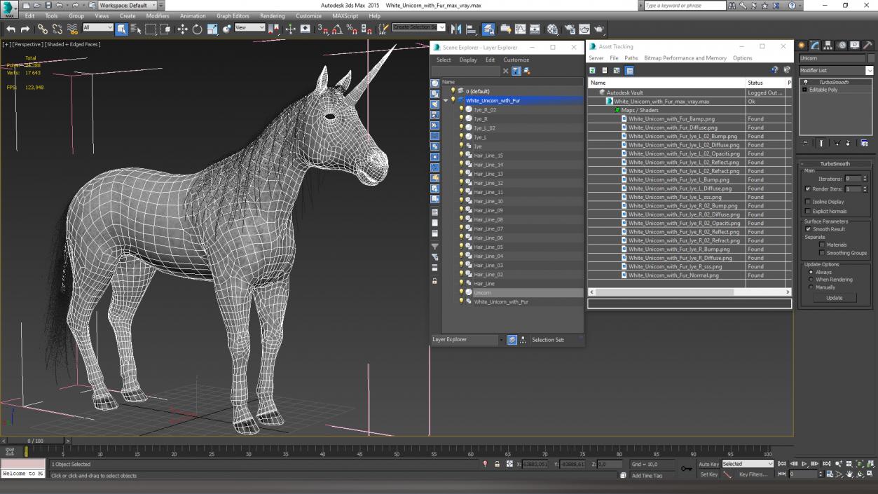 White Unicorn with Fur 2 3D model