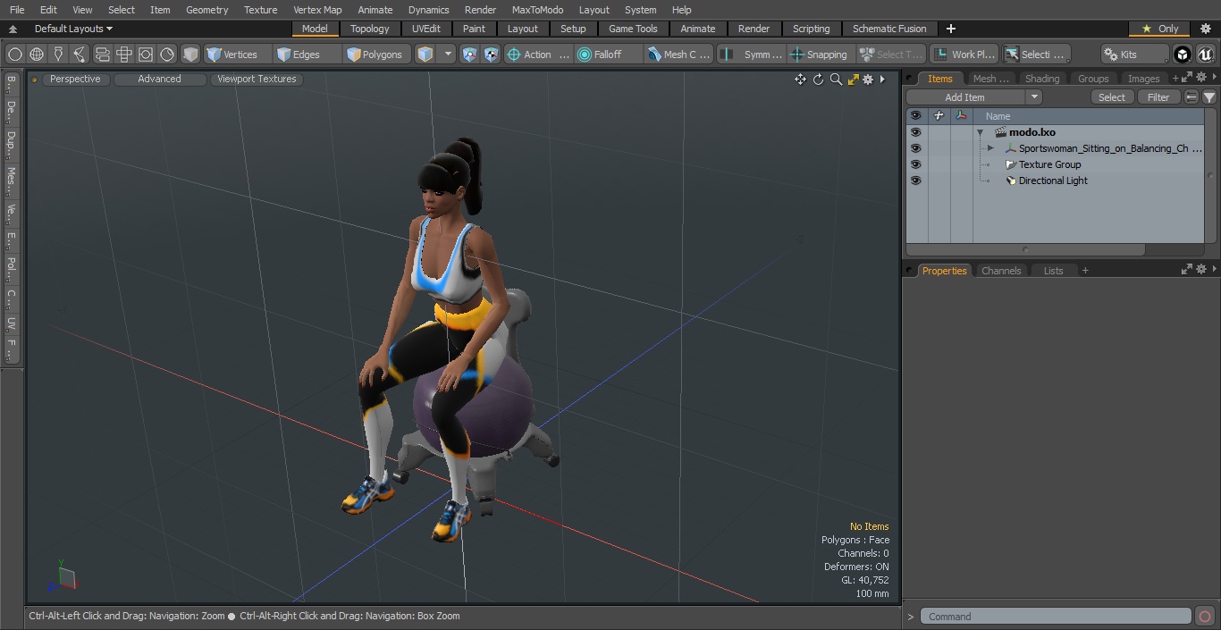 3D Sportswoman Sitting on Balancing Chair Grey model