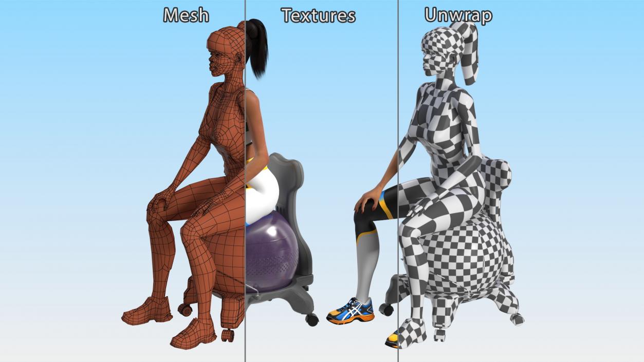 3D Sportswoman Sitting on Balancing Chair Grey model