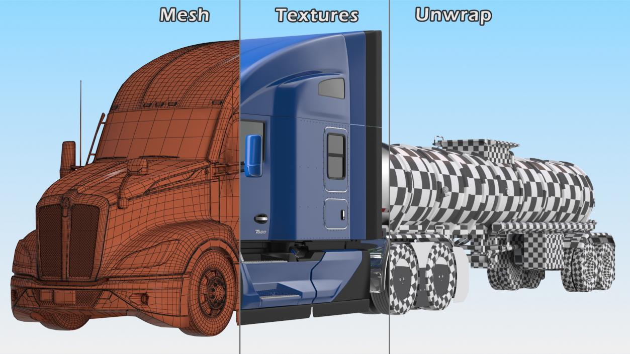 3D Kenworth Truck with Tanker Trailer Rigged