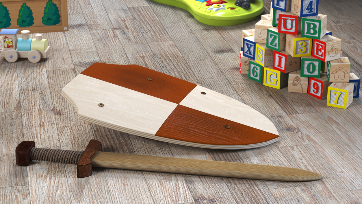 Toy Wooden Sword and Shield 3D