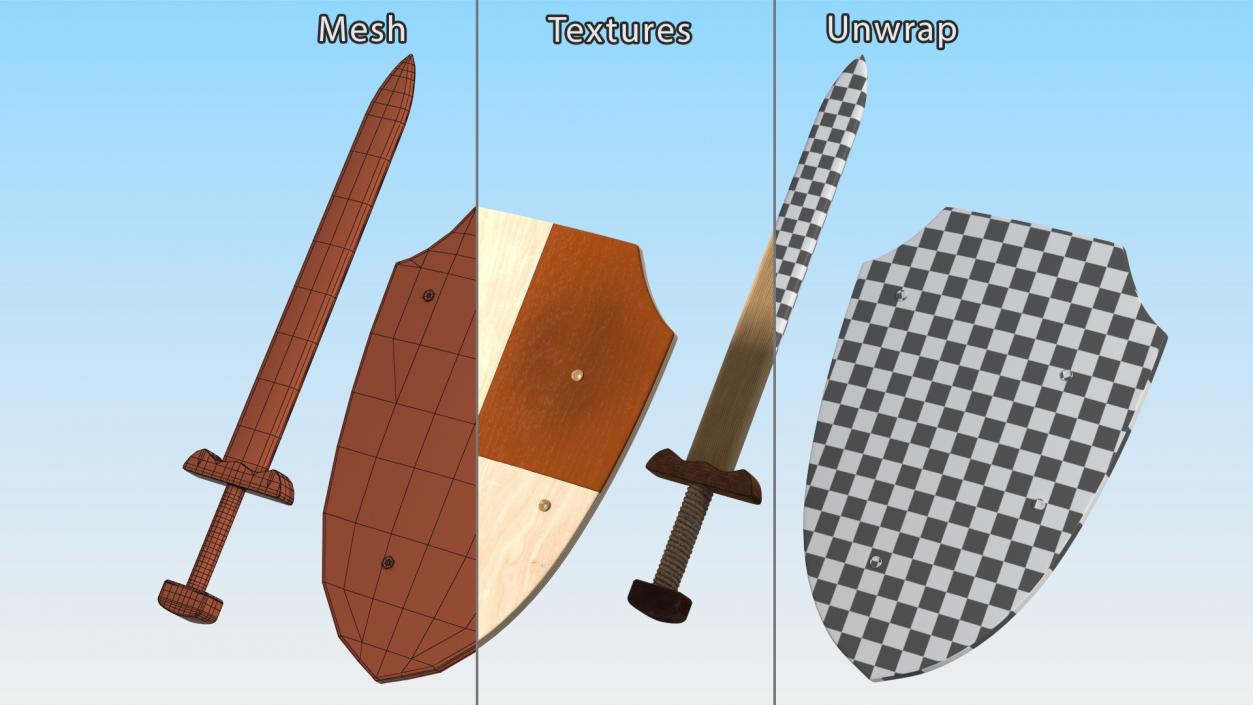 Toy Wooden Sword and Shield 3D