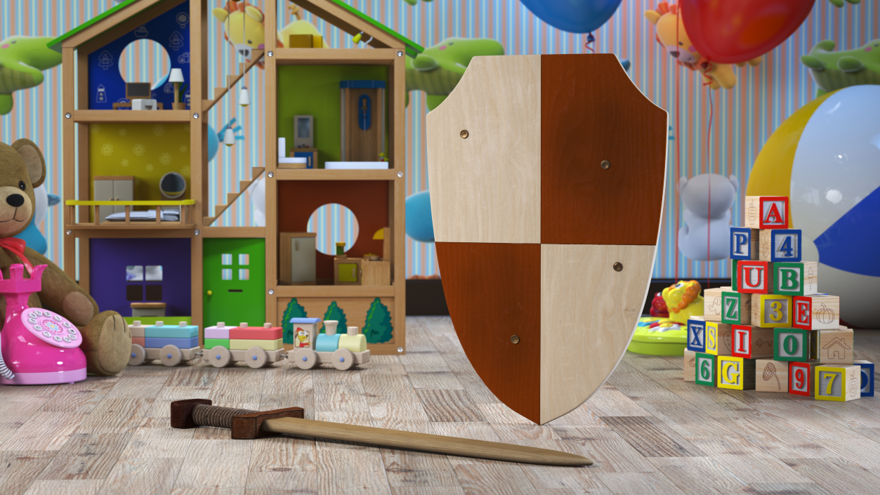 Toy Wooden Sword and Shield 3D