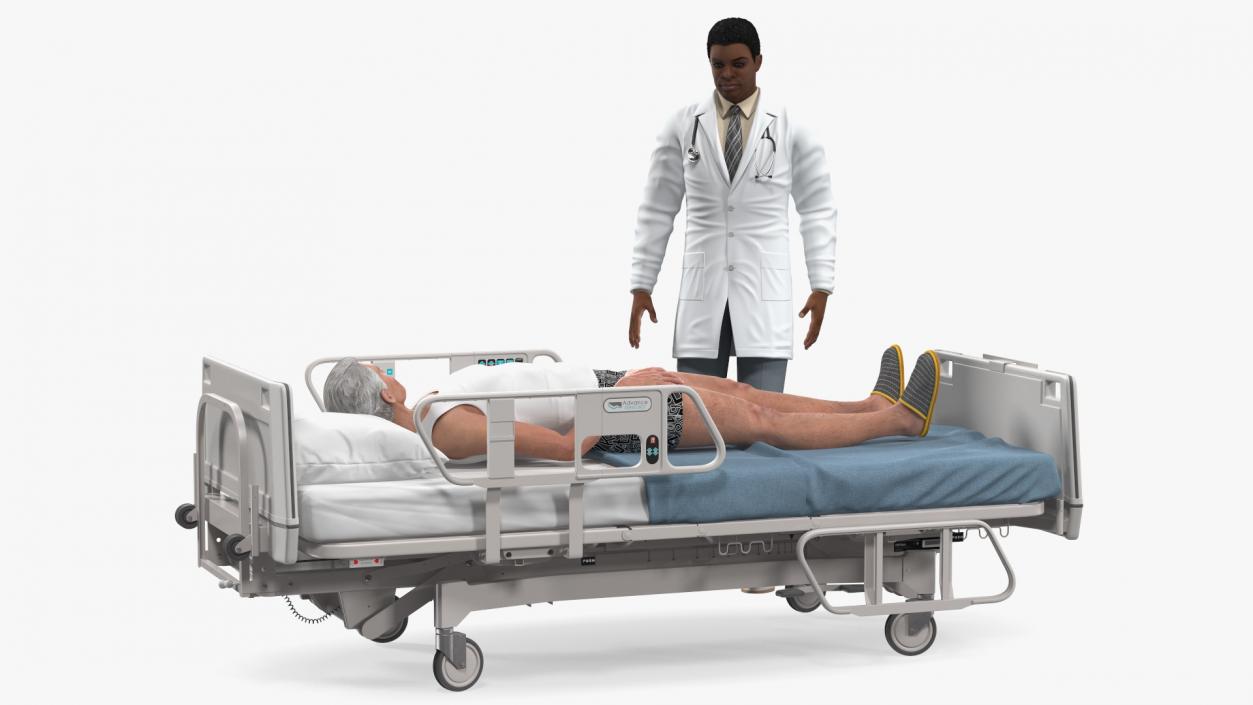 3D Patient on Hospital Bed And Doctor Rigged