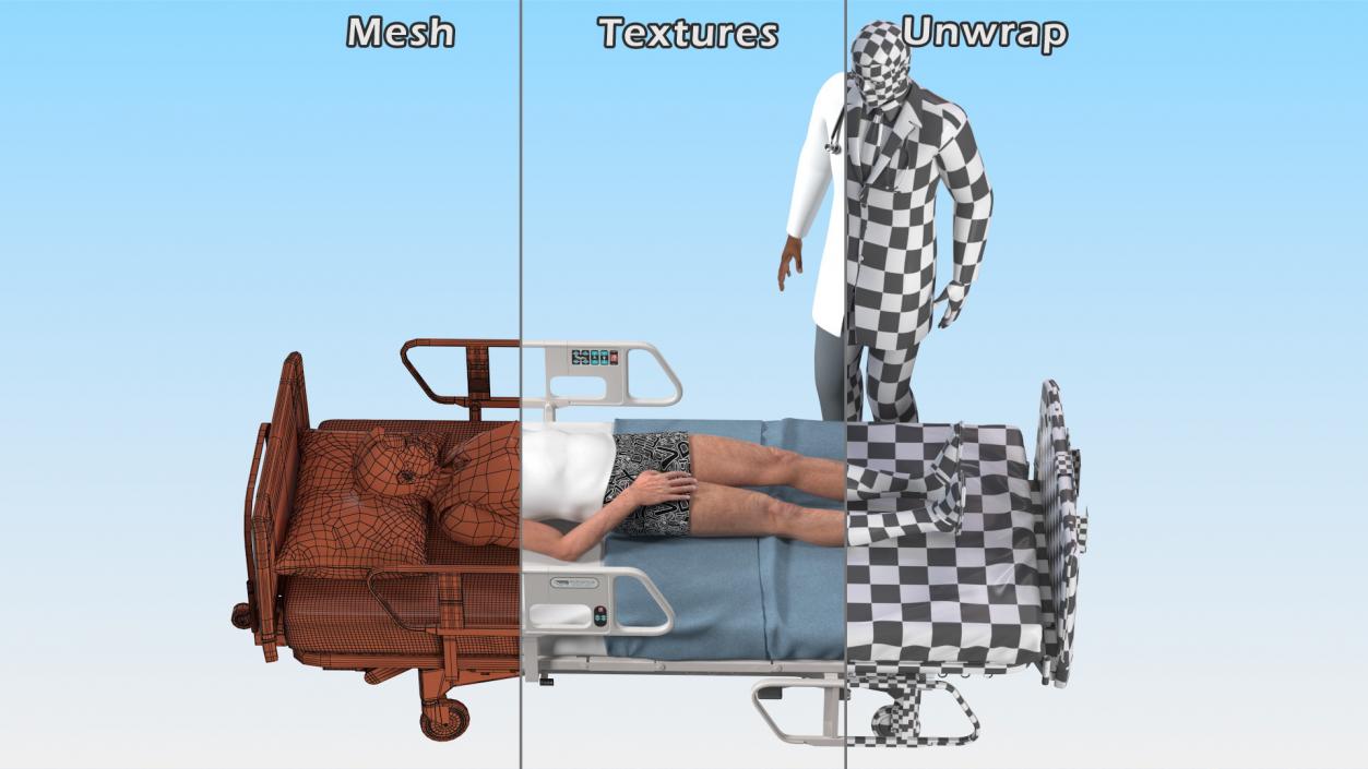 3D Patient on Hospital Bed And Doctor Rigged