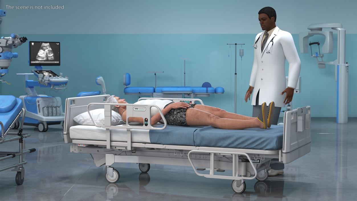 3D Patient on Hospital Bed And Doctor Rigged