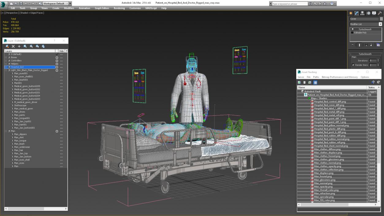 3D Patient on Hospital Bed And Doctor Rigged