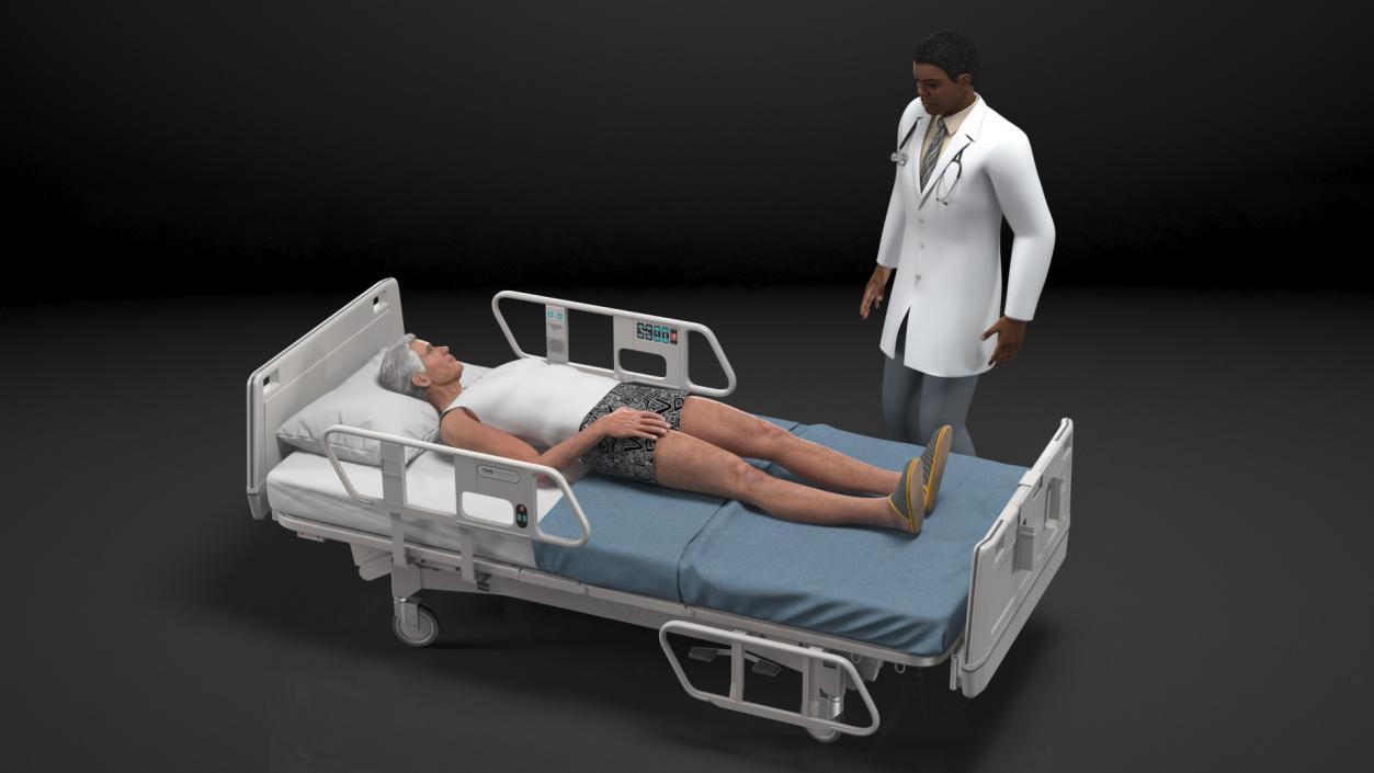 3D Patient on Hospital Bed And Doctor Rigged