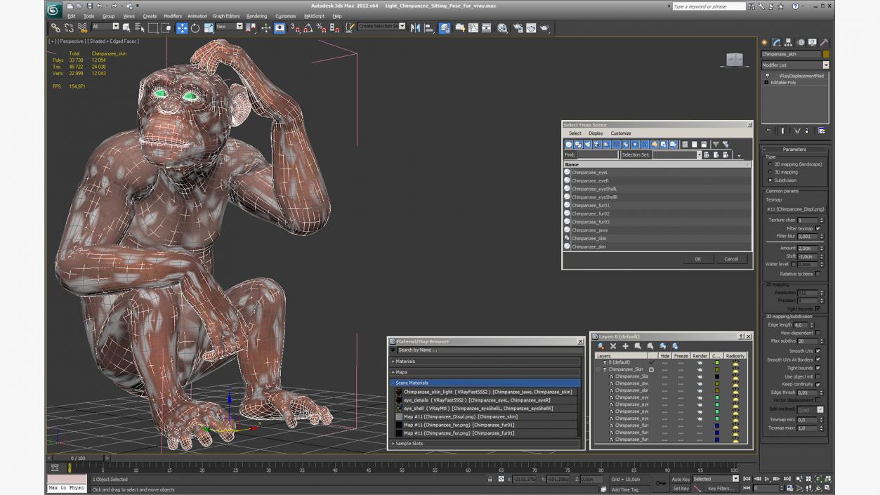 3D Light Chimpanzee Sitting Pose Fur model