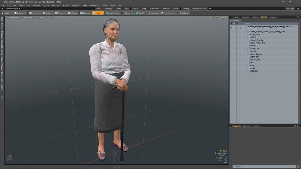 3D Older Woman Standing with Walking Cane model