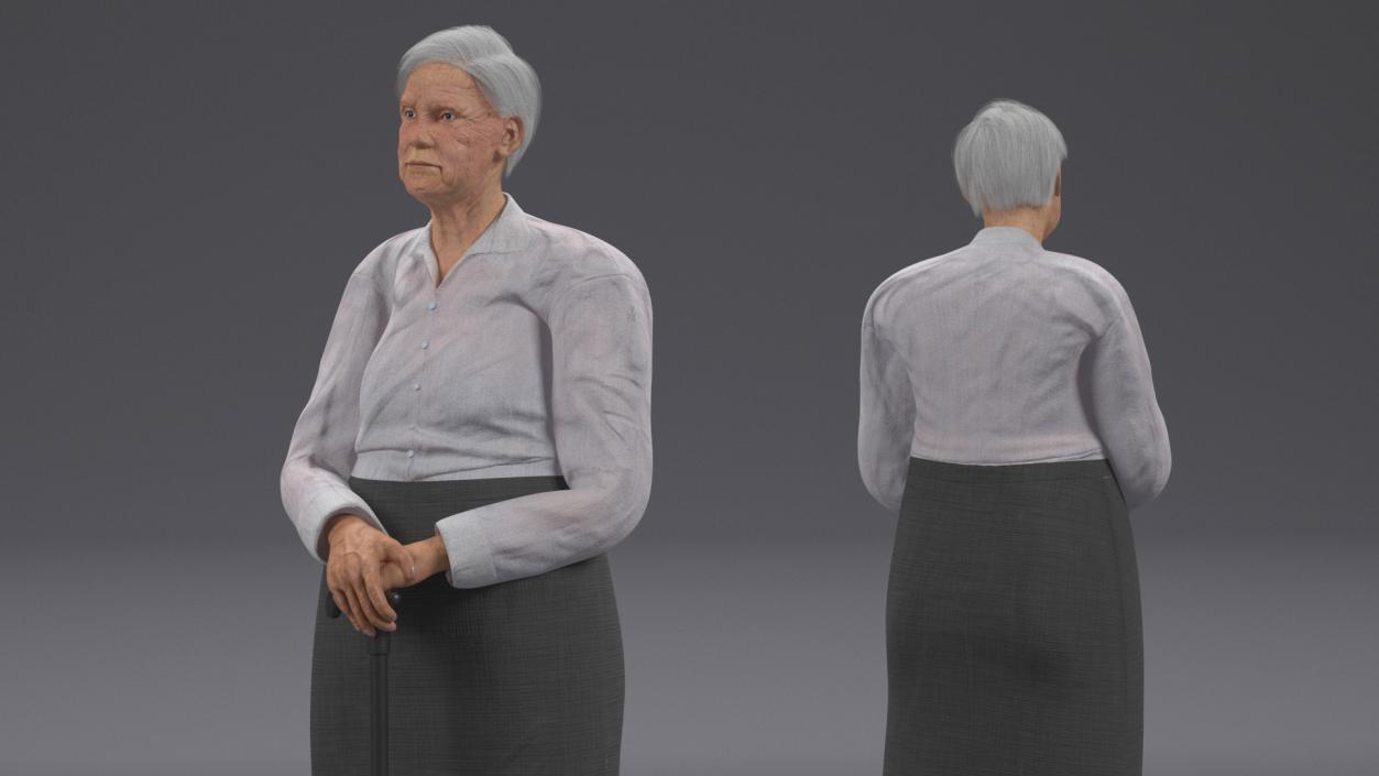 3D Older Woman Standing with Walking Cane model