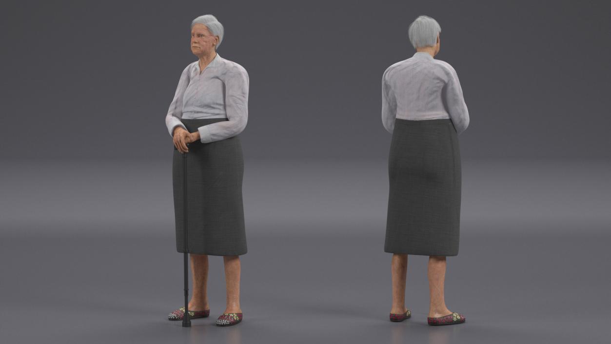 3D Older Woman Standing with Walking Cane model